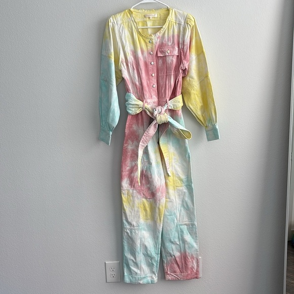 Loveshackfancy Paca Tie-dyed Belted Denim Jumpsuit In Multicolor - Picture 2 of 6